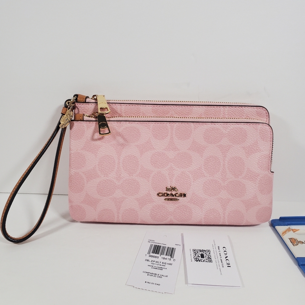Coach Double Zip Wristlet In Signature Canvas With Charms NWT
